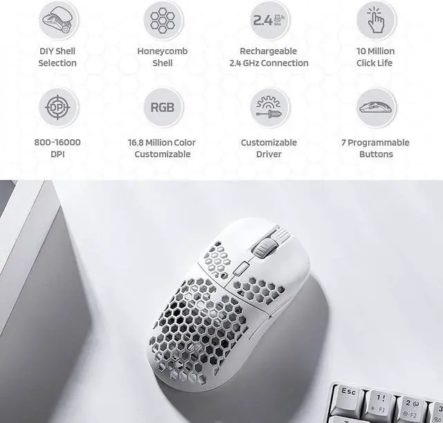 Alt view image 3 of 10 - LTC Mosh Pit 16,000 DPI RGB Wireless Ambidextrous Gaming Mouse with Lightweight Honeycomb Shell, Ergonomic Shape for Right or Left Hand Use, Comfortable 2.4G Mice for PC/Mac/Laptop, White