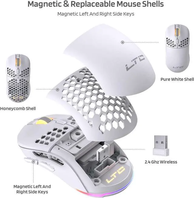 Alt view image 5 of 10 - LTC Mosh Pit 16,000 DPI RGB Wireless Ambidextrous Gaming Mouse with Lightweight Honeycomb Shell, Ergonomic Shape for Right or Left Hand Use, Comfortable 2.4G Mice for PC/Mac/Laptop, White