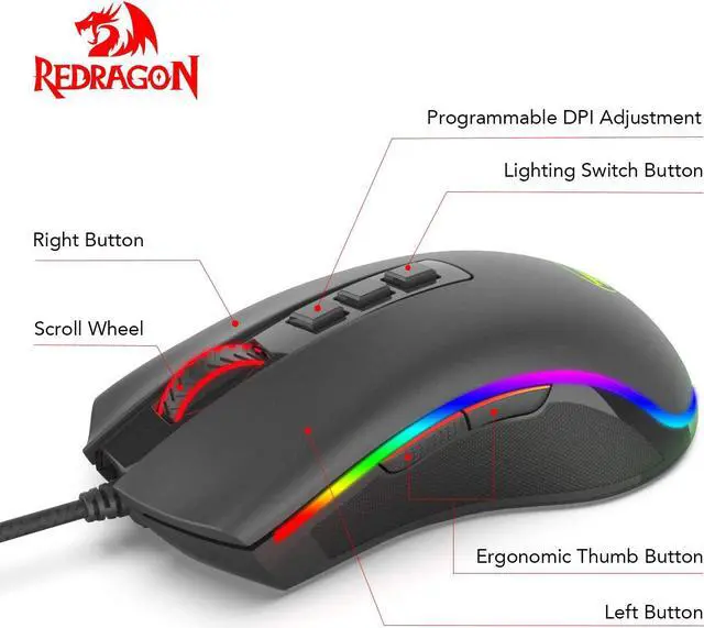 Alt view image 3 of 7 - Redragon M711 Cobra Gaming Mouse with 16.8 Million RGB Color Backlit, 10,000 DPI Adjustable, Comfortable Grip, 7 Programmable Buttons, Black