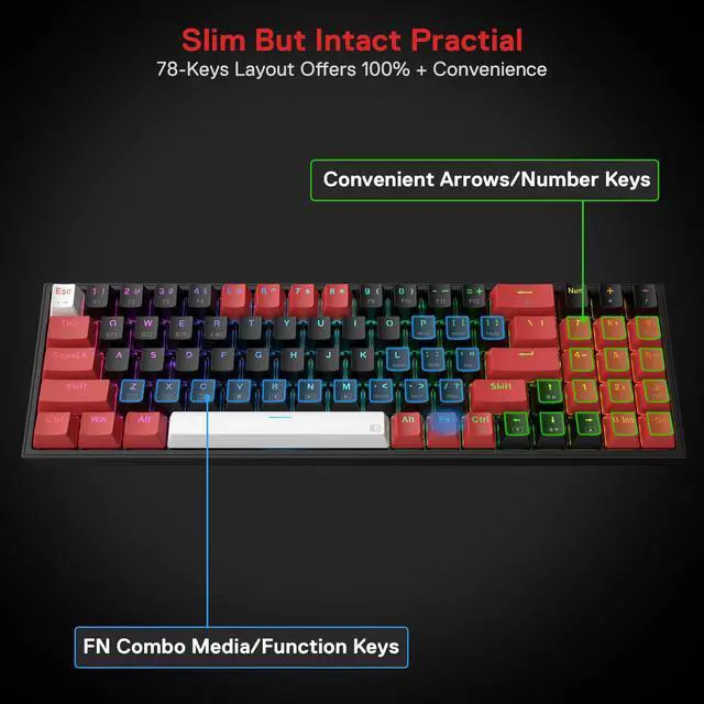 Alt view image 5 of 7 - Redragon K628 PRO 75% 3-Mode Wireless RGB Gaming Keyboard, 78 Keys Hot-Swappable Compact Mechanical Keyboard, Red Switch