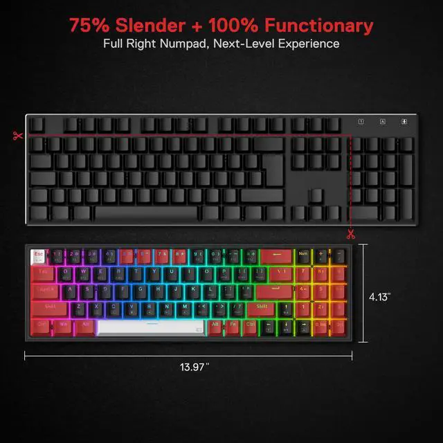 Alt view image 3 of 7 - Redragon K628 PRO 75% 3-Mode Wireless RGB Gaming Keyboard, 78 Keys Hot-Swappable Compact Mechanical Keyboard, Red Switch