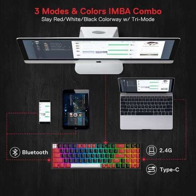 Alt view image 4 of 7 - Redragon K628 PRO 75% 3-Mode Wireless RGB Gaming Keyboard, 78 Keys Hot-Swappable Compact Mechanical Keyboard, Red Switch