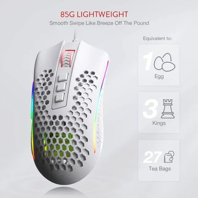 Alt view image 4 of 7 - Redragon M808 Storm Lightweight RGB Gaming Mouse, 85g Ultralight Honeycomb Shell - 12,400 DPI Optical Sensor - 7 Programmable Buttons - Precise Registration - Super-Lite Cable White