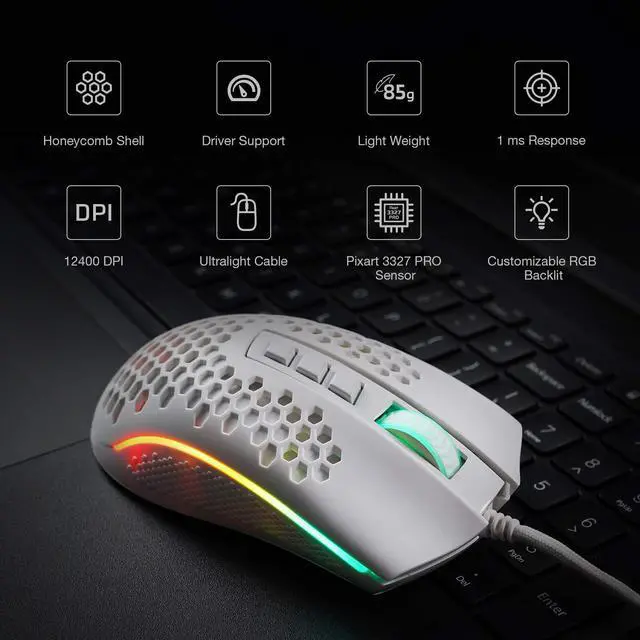 Alt view image 3 of 7 - Redragon M808 Storm Lightweight RGB Gaming Mouse, 85g Ultralight Honeycomb Shell - 12,400 DPI Optical Sensor - 7 Programmable Buttons - Precise Registration - Super-Lite Cable White