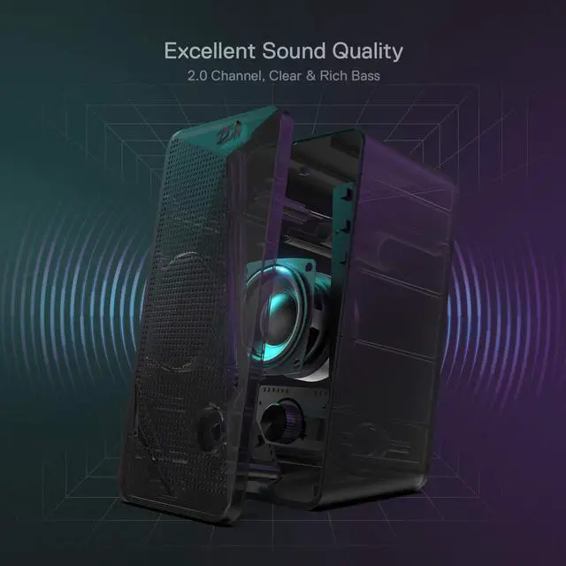 Alt view image 4 of 7 - Redragon GS510 Waltz RGB Desktop Speakers, 2.0 Channel PC Computer Stereo Speaker with 4 Colorful LED Backlight Modes, Enhanced Bass and Easy-Access Volume Control, USB Powered w/ 3.5mm Cable