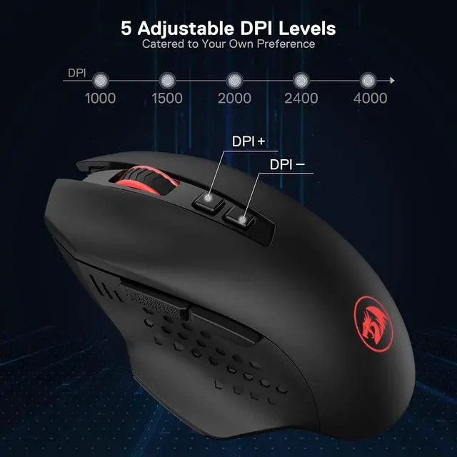 Alt view image 5 of 7 - Redragon M656 Gainer Wireless Gaming Mouse, 4000 DPI 2.4Ghz Wireless Gamer Mouse w/ 5 DPI Levels, 7 Macro Buttons, Red LED Backlit & Pro Software/Drive Supported, for PC/Mac/Laptop