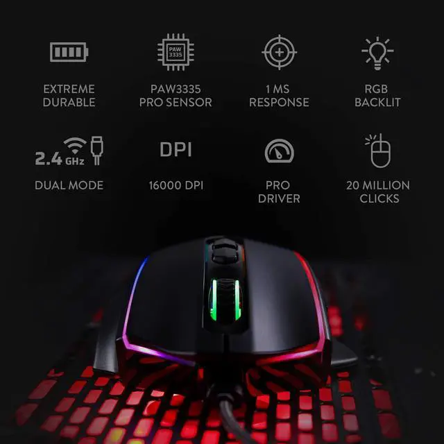 Alt view image 2 of 7 - Redragon M686 Wireless Gaming Mouse, 16000 DPI Wired/Wireless Gamer Mouse with Professional Sensor, 45-Hour Durable Power Capacity, Customizable Macro and RGB Backlight for PC/Mac/Laptop