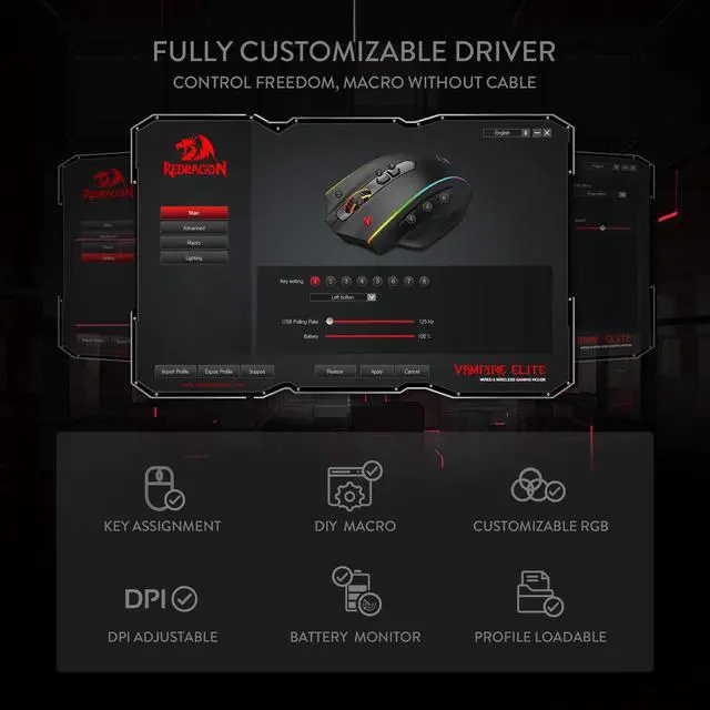 Alt view image 7 of 7 - Redragon M686 Wireless Gaming Mouse, 16000 DPI Wired/Wireless Gamer Mouse with Professional Sensor, 45-Hour Durable Power Capacity, Customizable Macro and RGB Backlight for PC/Mac/Laptop
