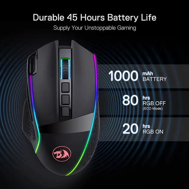Alt view image 4 of 7 - Redragon M991 Wireless Gaming Mouse, 19000 DPI Wired/Wireless Gamer Mouse w/ Rapid Fire Key, 9 Macro Buttons, 45-Hour Durable Power Capacity and RGB Backlight for PC/Mac/Laptop