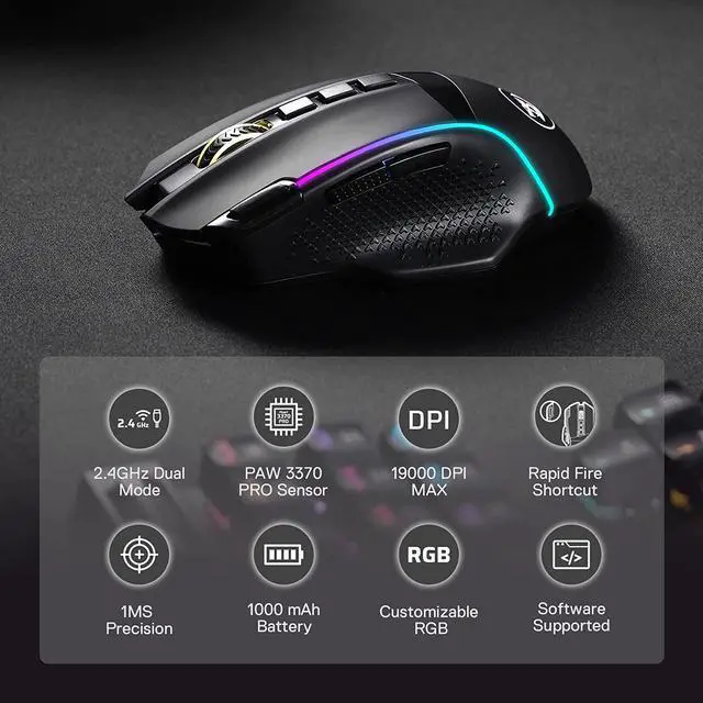 Alt view image 2 of 7 - Redragon M991 Wireless Gaming Mouse, 19000 DPI Wired/Wireless Gamer Mouse w/ Rapid Fire Key, 9 Macro Buttons, 45-Hour Durable Power Capacity and RGB Backlight for PC/Mac/Laptop