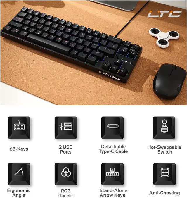 Alt view image 2 of 7 - LTC NB681 Nimbleback Wired 65% Mechanical Keyboard, RGB Backlit Ultra-Compact 68 Keys Gaming Keyboard with Hot-Swappable Switch and Stand-Alone Arrow/Control Keys (Hot Swappable Blue Switch, Black)