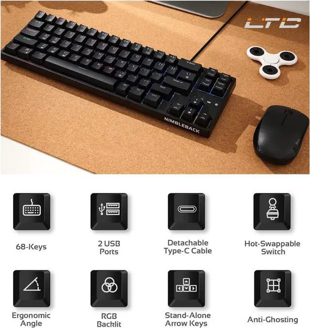 Alt view image 2 of 8 - LTC NB681 Nimbleback Wired 65% Mechanical Keyboard, RGB Backlit Ultra-Compact 68 Keys Gaming Keyboard with Hot-Swappable Switch and Stand-Alone Arrow/Control Keys (Hot Swappable Brown Switch, White)