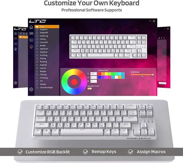 Alt view image 7 of 8 - LTC NB681 Nimbleback Wired 65% Mechanical Keyboard, RGB Backlit Ultra-Compact 68 Keys Gaming Keyboard with Hot-Swappable Switch and Stand-Alone Arrow/Control Keys (Hot Swappable Blue Switch, White)