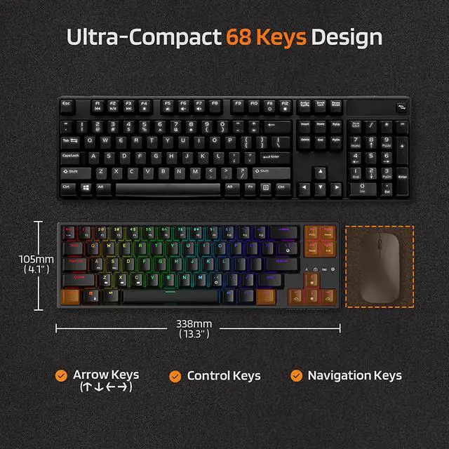 Alt view image 3 of 7 - LTC NB681 Nimbleback Wired 65% Mechanical Keyboard, RGB Backlit Ultra-Compact 68 Keys Gaming Keyboard with Hot-Swappable Switch and Stand-Alone Arrow/Control Keys (Hot Swappable Red Switch Black)