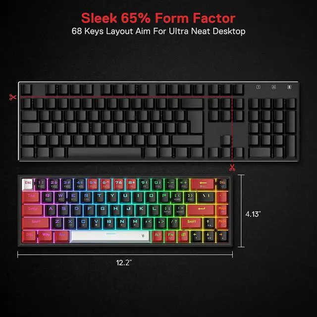 Alt view image 3 of 8 - Redragon K631 PRO 65% 3-Mode Wireless RGB Gaming Keyboard, 68 Keys Hot-Swappable Compact Mechanical Keyboard w/Hot-Swap Free-Mod PCB Socket & Dedicated Arrow Keys, Quiet Red Linear Switch