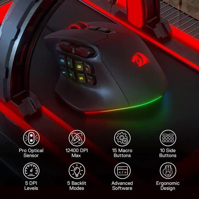 Alt view image 3 of 7 - Redragon M811 Aatrox MMO Gaming Mouse, 15 Programmable Buttons Wired RGB Gamer Mouse w/ Ergonomic Natural Grip Build, 10 Side Macro Keys, Software Supports DIY Keybinds & Backlit