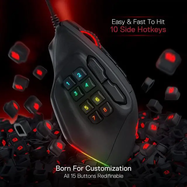 Alt view image 6 of 7 - Redragon M811 Aatrox MMO Gaming Mouse, 15 Programmable Buttons Wired RGB Gamer Mouse w/ Ergonomic Natural Grip Build, 10 Side Macro Keys, Software Supports DIY Keybinds & Backlit