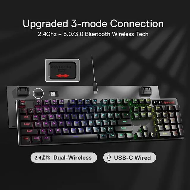 Alt view image 2 of 7 - Redragon K556 PRO Upgraded Wireless RGB Gaming Keyboard, BT/2.4Ghz Tri-Mode Aluminum Mechanical Keyboard w/No-Lag Connection, Hot-Swap Linear Quiet Red Switch