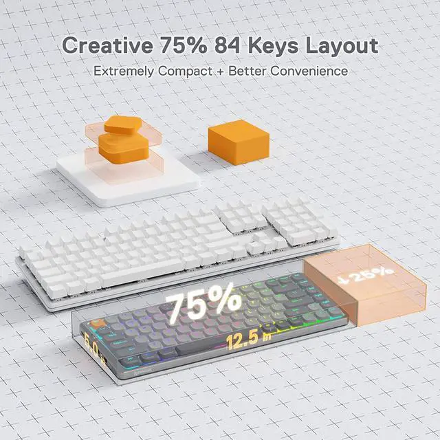 Alt view image 4 of 7 - Redragon K652 75% Wireless RGB Mechanical Keyboard, Bluetooth/2.4Ghz/Wired Tri-Mode 84 Keys Ultra-Thin Gaming Keyboard w/Aluminum Top Plate, 100% Supported Win/Mac System & Low Profile Blue Switch