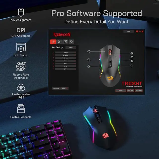 Alt view image 6 of 7 - Redragon M693 Wireless Bluetooth Gaming Mouse, 8000 DPI Wired/Wireless Gamer Mouse w/ 3-Mode Connection, BT & 2.4G Wireless, 7 Macro Buttons, Durable Power Capacity and RGB Backlight for PC/Mac/Laptop