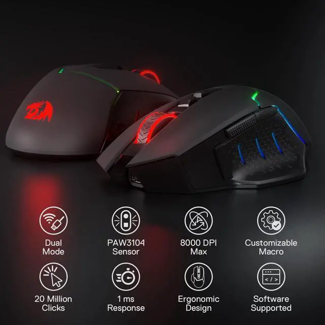 Alt view image 2 of 7 - Redragon M690 PRO Wireless Gaming Mouse, 8000 DPI Wired/Wireless Gamer Mouse w/Rapid Fire Key, 8 Macro Buttons, Ergonomic Design for PC/Mac/Laptop