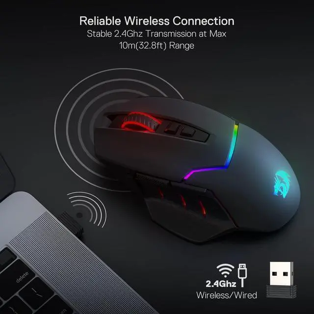 Alt view image 3 of 7 - Redragon M690 PRO Wireless Gaming Mouse, 8000 DPI Wired/Wireless Gamer Mouse w/Rapid Fire Key, 8 Macro Buttons, Ergonomic Design for PC/Mac/Laptop