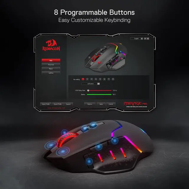 Alt view image 6 of 7 - Redragon M690 PRO Wireless Gaming Mouse, 8000 DPI Wired/Wireless Gamer Mouse w/Rapid Fire Key, 8 Macro Buttons, Ergonomic Design for PC/Mac/Laptop