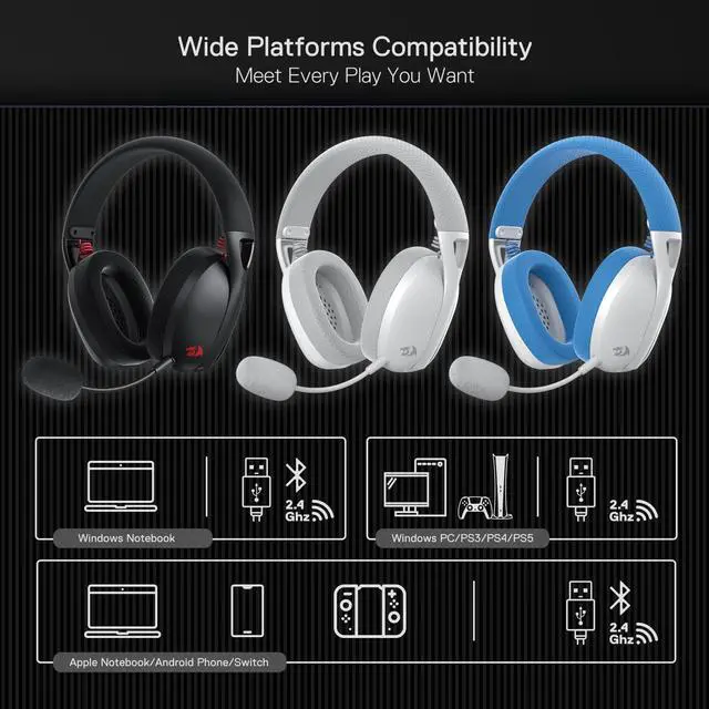 Alt view image 7 of 7 - Redragon H848 Bluetooth Wireless Gaming Headset - Lightweight - 7.1 Surround Sound - 40MM Drivers - Detachable Microphone - Multi Platforms for PC, PS5/4/3, Switch, Mobile Grey