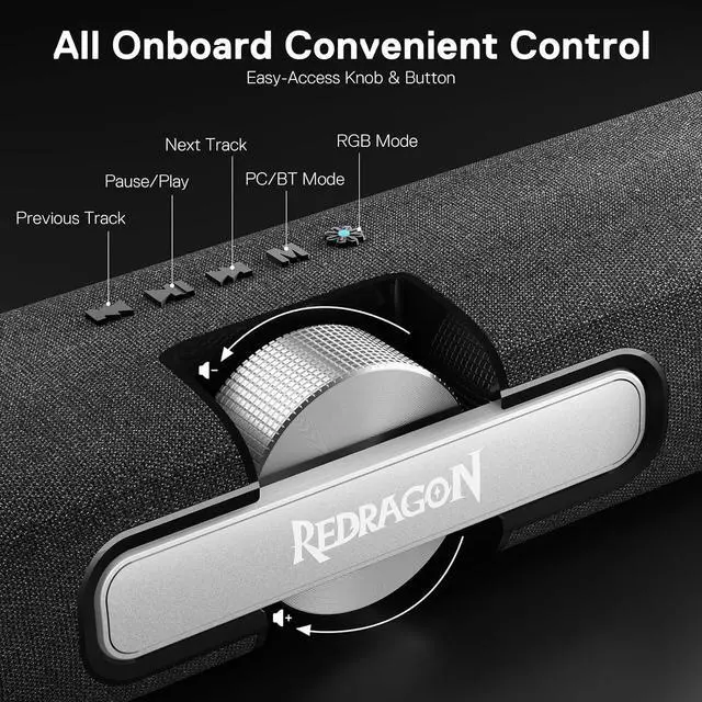 Alt view image 3 of 7 - Redragon GS512 Wireless RGB Desktop Speakers, 2.0 PC Computer Stereo Soundbar w/BT 5.0/USB Mode, Max 6W x 2 Rich Sound, Crystal RGB Backlight and Easy-Access On-Board Control, USB-C Powered