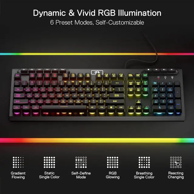 Alt view image 7 of 7 - Redragon K513 RGB Membrane Gaming Keyboard, Standard 104 Keys Linear Mechanical-Feel Keyboard w/ 5 Extra On-Board Macro G Keys, Dedicated Media Control, Solid Metal Top Case, Black