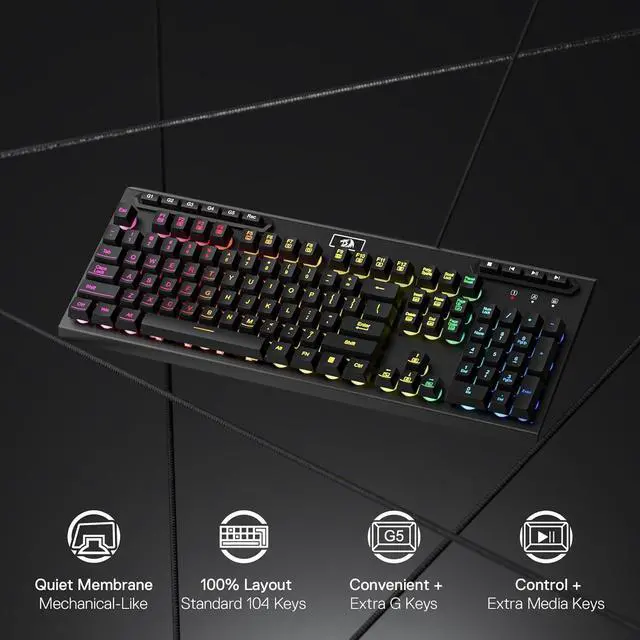 Alt view image 4 of 7 - Redragon K513 RGB Membrane Gaming Keyboard, Standard 104 Keys Linear Mechanical-Feel Keyboard w/ 5 Extra On-Board Macro G Keys, Dedicated Media Control, Solid Metal Top Case, Black