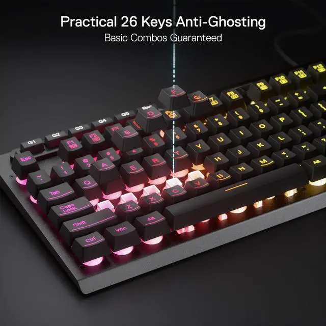 Alt view image 6 of 7 - Redragon K513 RGB Membrane Gaming Keyboard, Standard 104 Keys Linear Mechanical-Feel Keyboard w/ 5 Extra On-Board Macro G Keys, Dedicated Media Control, Solid Metal Top Case, Black