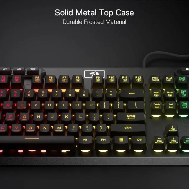 Alt view image 3 of 7 - Redragon K513 RGB Membrane Gaming Keyboard, Standard 104 Keys Linear Mechanical-Feel Keyboard w/ 5 Extra On-Board Macro G Keys, Dedicated Media Control, Solid Metal Top Case, Black