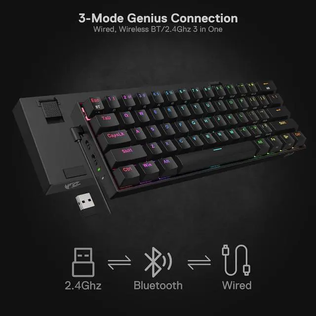 Alt view image 4 of 7 - Redragon K530 Pro Draconic 60% Wireless RGB Mechanical Keyboard, BT/2.4Ghz/Wired 3-Mode 61 Keys Compact Gaming Keyboard w/Hot-Swap Socket, Free-Mod Plate Mounted PCB & Clicky Blue Switch