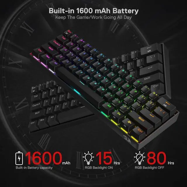 Alt view image 7 of 7 - Redragon K530 Pro Draconic 60% Wireless RGB Mechanical Keyboard, BT/2.4Ghz/Wired 3-Mode 61 Keys Compact Gaming Keyboard w/Hot-Swap Socket, Free-Mod Plate Mounted PCB & Clicky Blue Switch