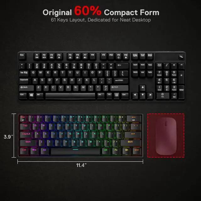Alt view image 5 of 7 - Redragon K530 Pro Draconic 60% Wireless RGB Mechanical Keyboard, BT/2.4Ghz/Wired 3-Mode 61 Keys Compact Gaming Keyboard w/Hot-Swap Socket, Free-Mod Plate Mounted PCB & Clicky Blue Switch