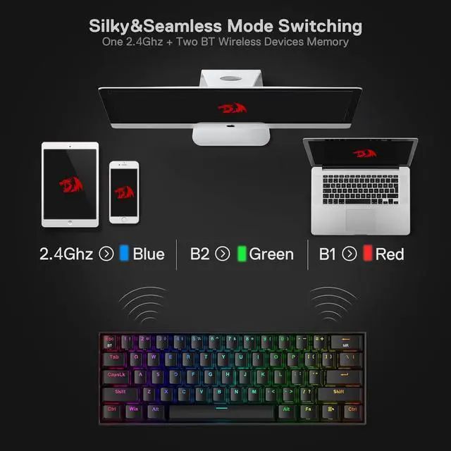 Alt view image 3 of 7 - Redragon K530 Pro Draconic 60% Wireless RGB Mechanical Keyboard, BT/2.4Ghz/Wired 3-Mode 61 Keys Compact Gaming Keyboard w/Hot-Swap Socket, Free-Mod Plate Mounted PCB & Clicky Blue Switch
