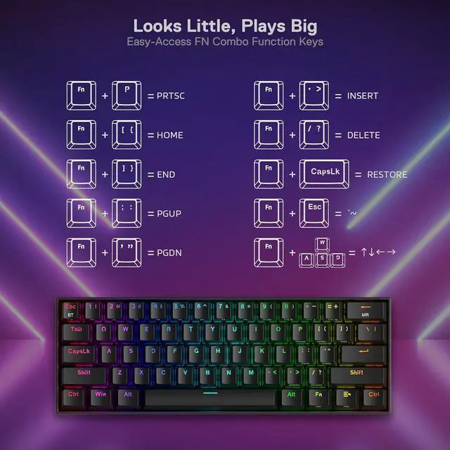 Alt view image 6 of 7 - Redragon K530 Pro Draconic 60% Wireless RGB Mechanical Keyboard, BT/2.4Ghz/Wired 3-Mode 61 Keys Compact Gaming Keyboard w/Hot-Swap Socket, Free-Mod Plate Mounted PCB & Clicky Blue Switch