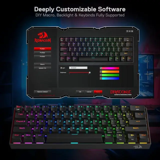 Alt view image 2 of 7 - Redragon K530 Pro Draconic 60% Wireless RGB Mechanical Keyboard, BT/2.4Ghz/Wired 3-Mode 61 Keys Compact Gaming Keyboard w/Hot-Swap Socket, Free-Mod Plate Mounted PCB & Clicky Blue Switch