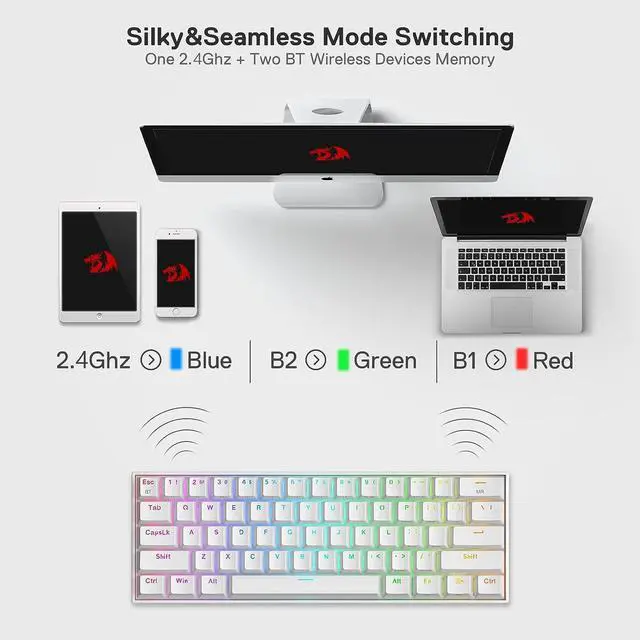 Alt view image 6 of 7 - Redragon K530 Pro Draconic 60% Wireless RGB Mechanical Keyboard, BT/2.4Ghz/Wired 3-Mode 61 Keys Compact Gaming Keyboard w/Hot-Swap Socket, Free-Mod Plate Mounted PCB & Linear Red Switch