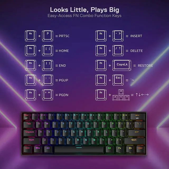 Alt view image 4 of 7 - Redragon K530 Pro Draconic 60% Wireless RGB Mechanical Keyboard, BT/2.4Ghz/Wired 3-Mode 61 Keys Compact Gaming Keyboard w/Hot-Swap Socket, Free-Mod Plate Mounted PCB & Linear Red Switch