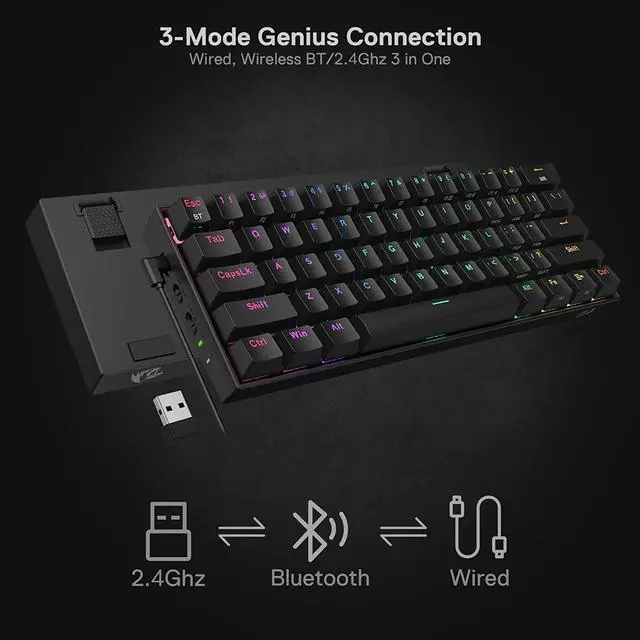 Alt view image 6 of 7 - Redragon K530 Pro Draconic 60% Wireless RGB Mechanical Keyboard, BT/2.4Ghz/Wired 3-Mode 61 Keys Compact Gaming Keyboard w/Hot-Swap Socket, Free-Mod Plate Mounted PCB & Linear Red Switch
