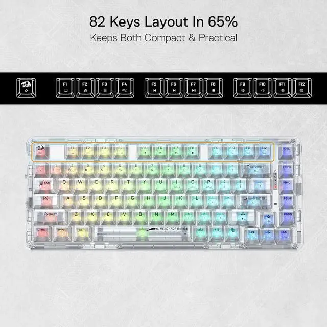 Alt view image 3 of 7 - Redragon K649 PRO 78% Wireless Gasket RGB Gaming Keyboard, 3-Modes 82 Keys Full-Transparent Mechanical Keyboard w/Hot-Swap Socket, Sound Absorbing Foams, Translucent Custom Switch