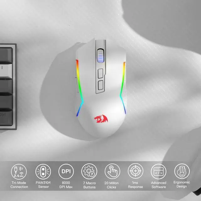 Alt view image 5 of 7 - Redragon M693 Wireless Gaming Mouse, 8000 DPI Wired/Wireless Gamer Mouse w/ 3-Mode Connection, BT & 2.4G Wireless, 7 Macro Buttons, Reliable Power Capacity for PC/Mac/Laptop