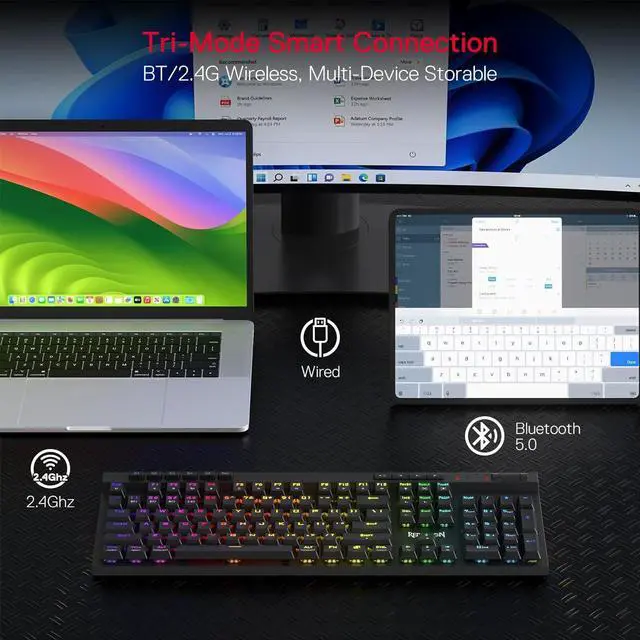 Alt view image 6 of 7 - Redragon K580 PRO Wireless RGB Gaming Keyboard, 3-Modes 104 Keys Mechanical Keyboard w/Hot-Swap Socket, Dedicated Media Controls & Onboard Macro Recording, Linear Red Switch