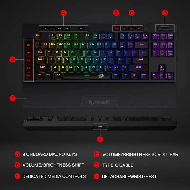 Alt view image 4 of 7 - Redragon K596 Wired RGB Mechanical Gaming Keyboard, 87 Keys TKL Compact Keyboard w/10 Onboard Macro Keys & Wrist Rest, Red Switches