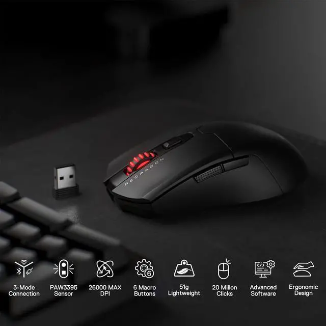 Alt view image 6 of 7 - Redragon M995 Pro Wireless Gaming Mouse, 26000 DPI Wired/Wireless Gamer Mouse, BT & 2.4G Wireless, 6 Macro Buttons, 51G Ultra Lightweight, Reliable Power Capacity for PC/Mac/Laptop, Black