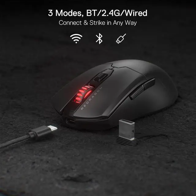 Alt view image 4 of 7 - Redragon M995 Pro Wireless Gaming Mouse, 26000 DPI Wired/Wireless Gamer Mouse, BT & 2.4G Wireless, 6 Macro Buttons, 51G Ultra Lightweight, Reliable Power Capacity for PC/Mac/Laptop, Black