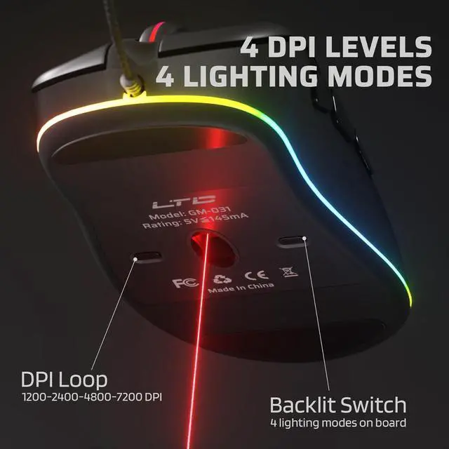Alt view image 3 of 7 - LTC GM-031 Wired Gaming Mouse, 7200 DPI Adjustable, 6 Programmable Macro Buttons, 4 RGB Backlit Mode, Ergonomic Shape, Software Support for Customization, Black