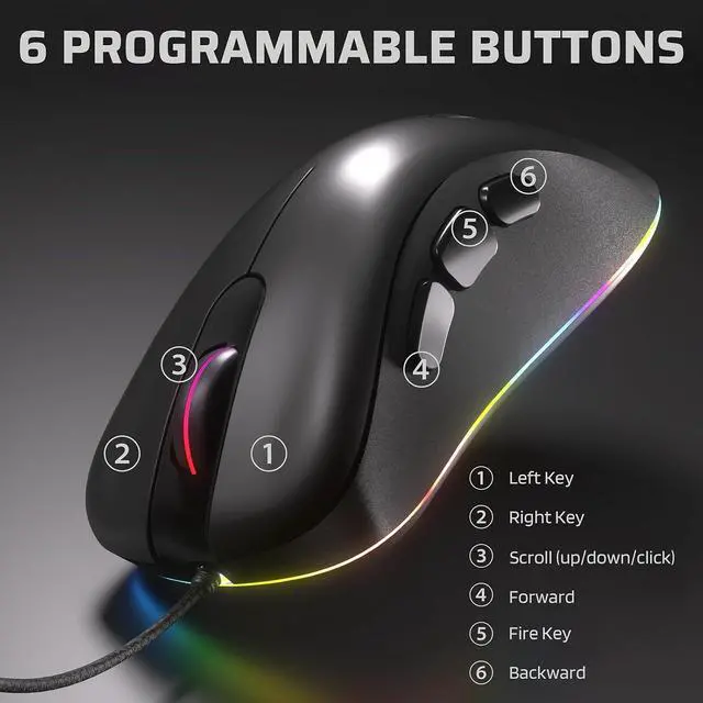 Alt view image 7 of 7 - LTC GM-031 Wired Gaming Mouse, 7200 DPI Adjustable, 6 Programmable Macro Buttons, 4 RGB Backlit Mode, Ergonomic Shape, Software Support for Customization, Black